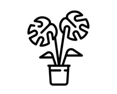 Black line drawing of a potted plant on a white background